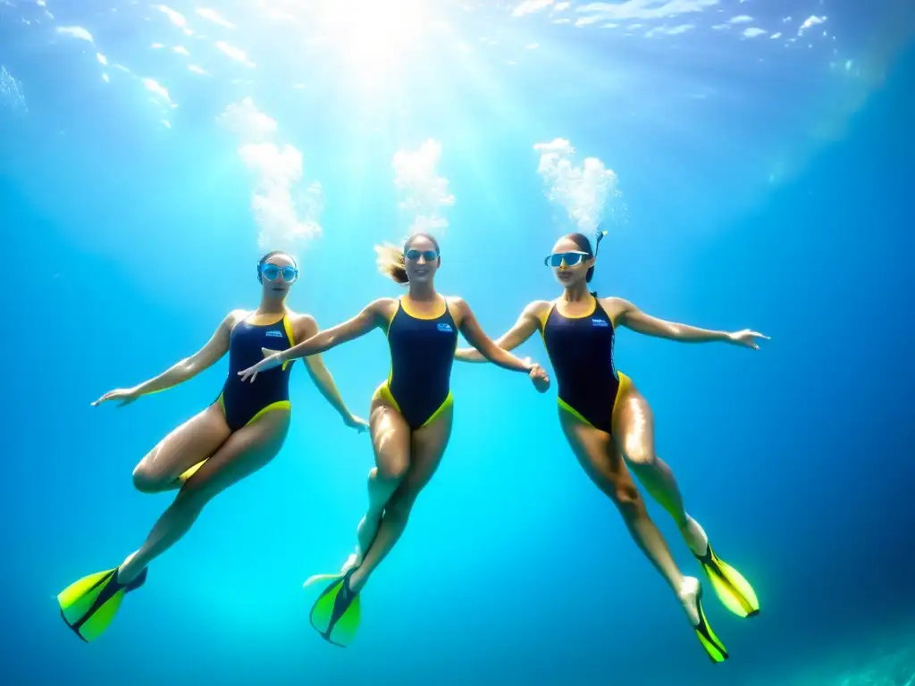Grupo de nadadores sincronizados en equipo de buceo, mejorando flotabilidad en el hermoso mundo submarino