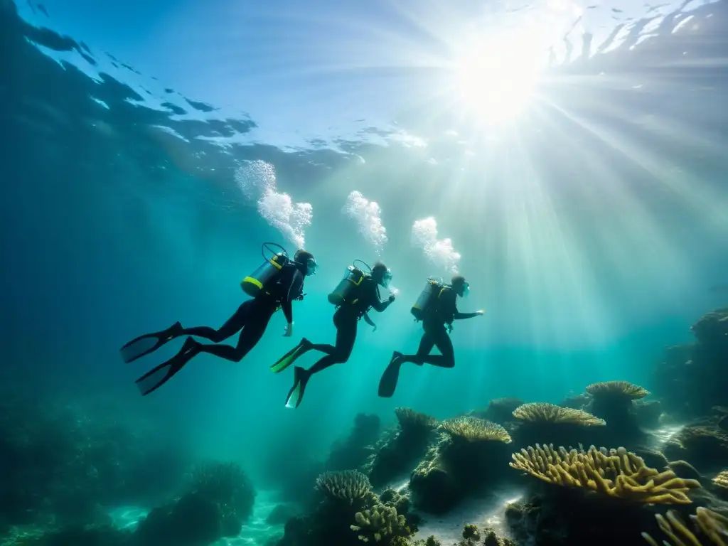Un grupo de nadadores sincronizados se desliza con gracia en aguas cristalinas, creando un espectáculo de luz y sombras en el fondo marino, demostrando la mejor flotabilidad en nado sincronizado