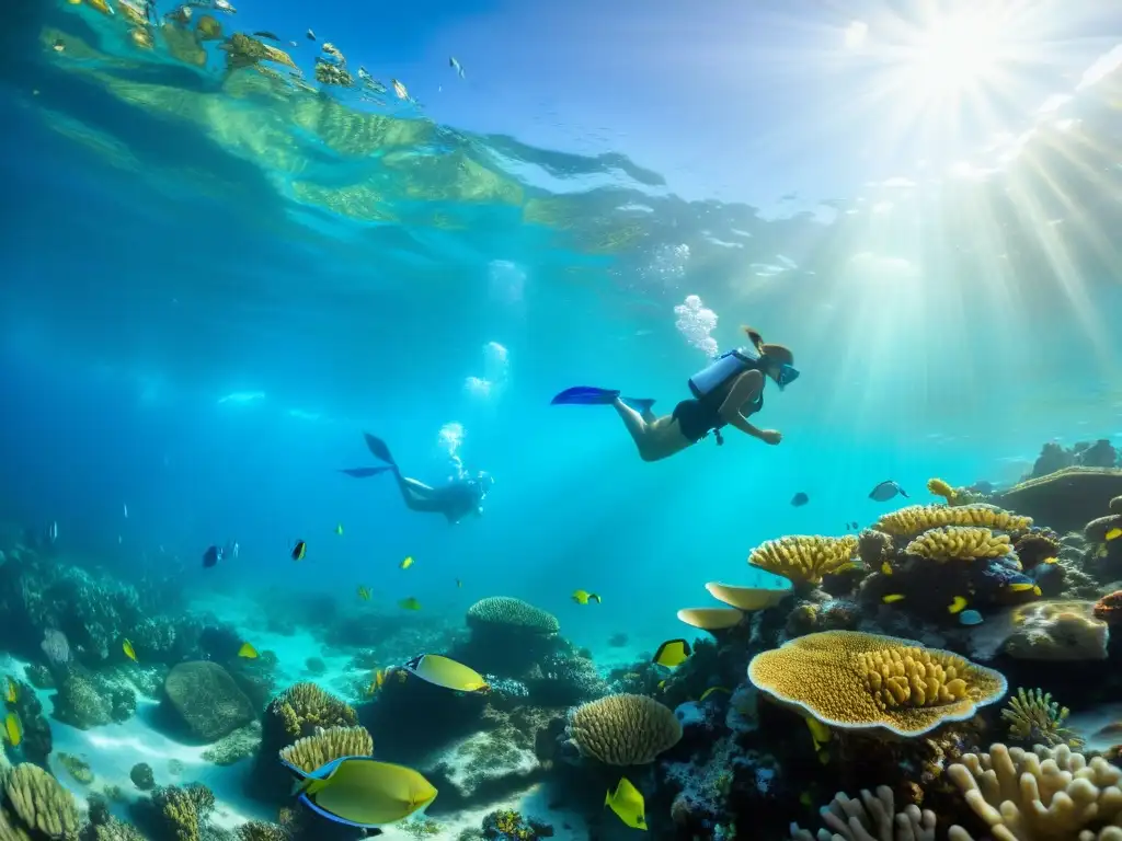 Grupo de niños explorando un arrecife de coral vibrante lleno de vida marina, en una emocionante feria educativa de vida marina para niños