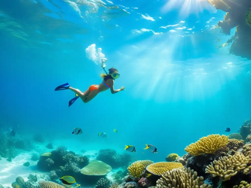 Un grupo de niños explorando un arrecife de coral, maravillados por la vida marina