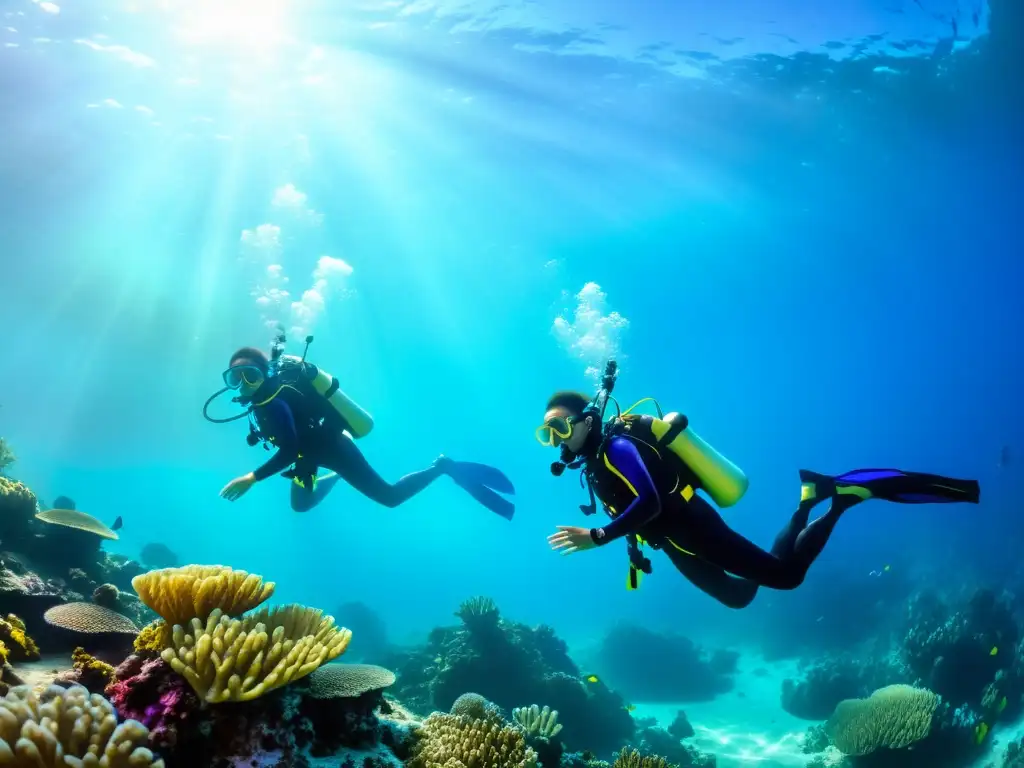 Un grupo de niños disfruta de una emocionante exploración submarina, buceando con equipo colorido junto a un vibrante arrecife de coral