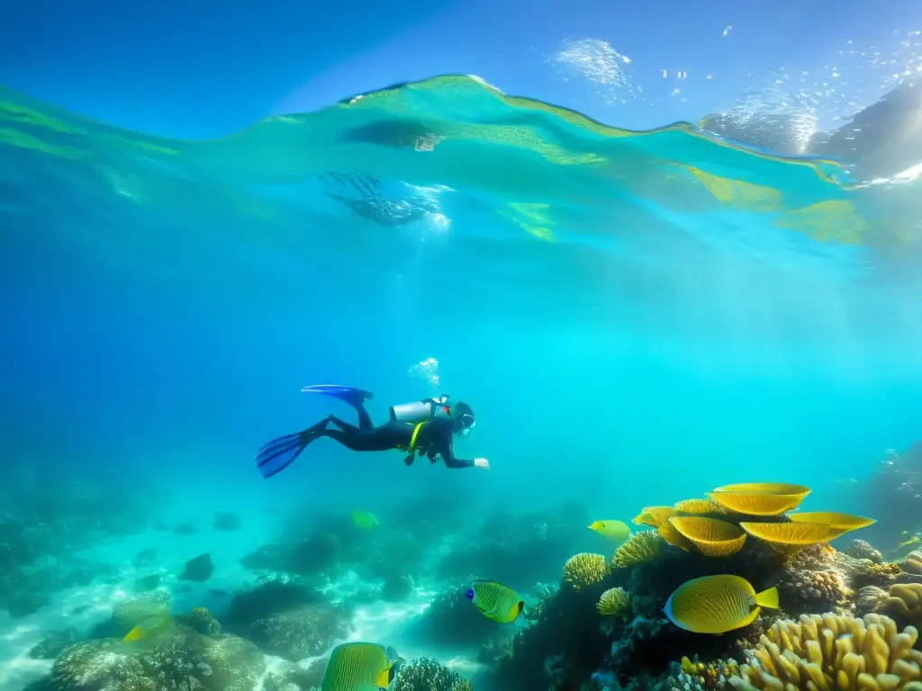 Un grupo de niños disfruta de emocionantes cursos de buceo para niños, nadando entre la vida marina colorida en un océano cristalino