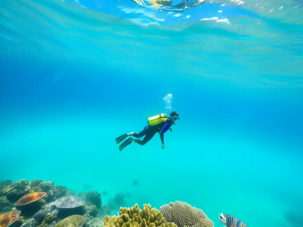 Grupo de niños entusiastas y diversos nadando con snorkel en aguas turquesas, observando una majestuosa tortuga marina