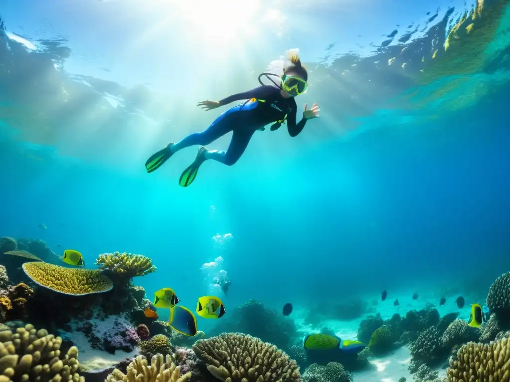 Un grupo de niños con trajes de buceo coloridos explorando arrecifes de coral y vida marina en aguas cristalinas, guiados por instructores