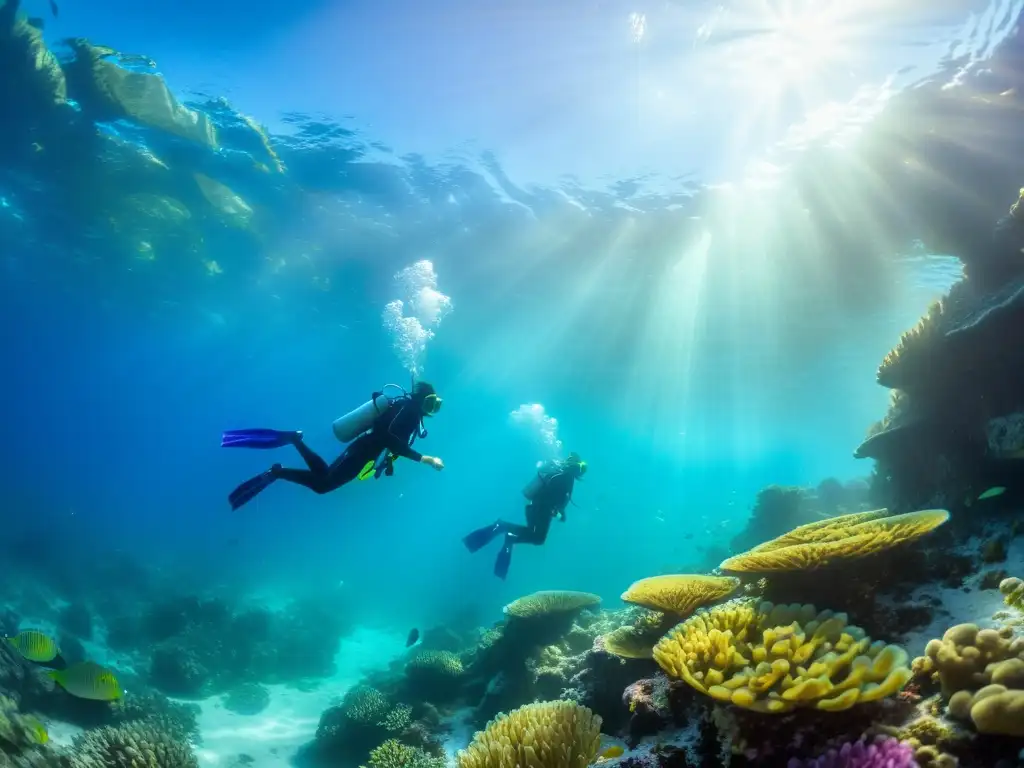 Un grupo de niños en trajes de buceo de colores vibrantes explora un arrecife de coral, observando la vida marina con asombro