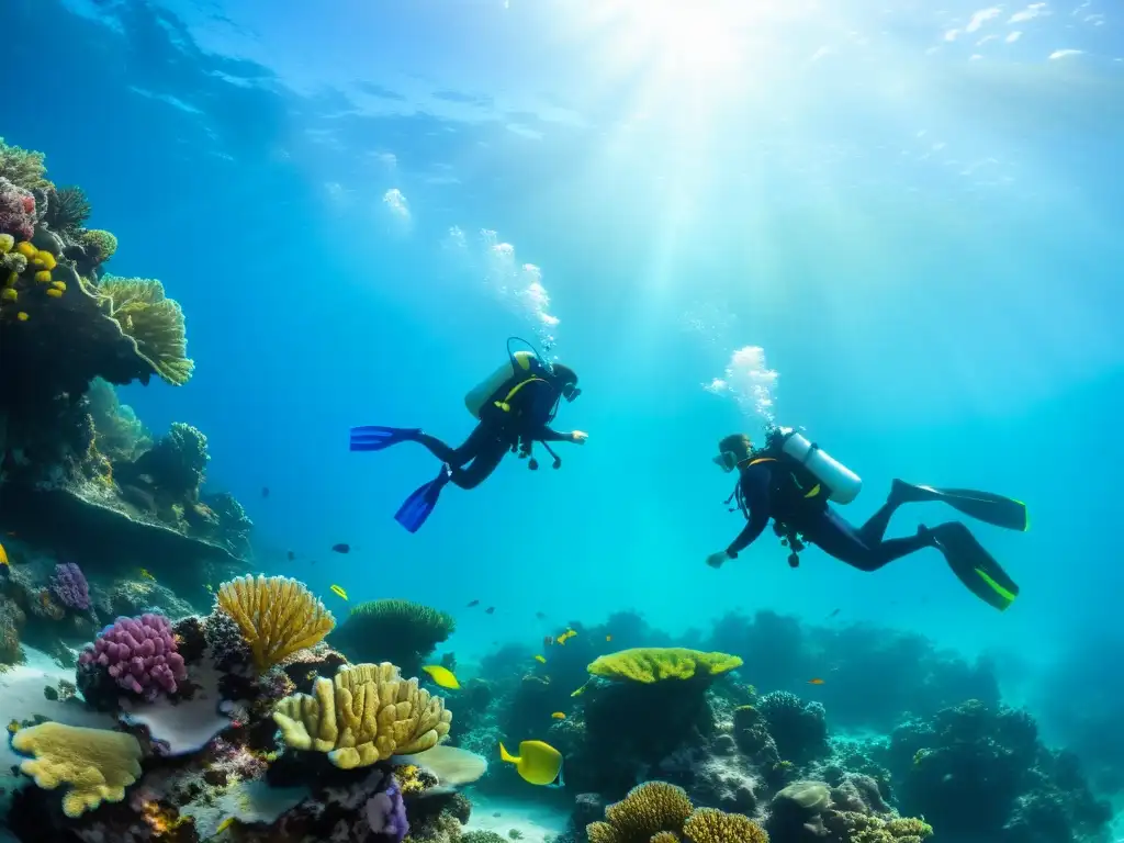 Un grupo de niños en trajes de buceo exploran un vibrante arrecife de coral, creando una experiencia submarina inolvidable