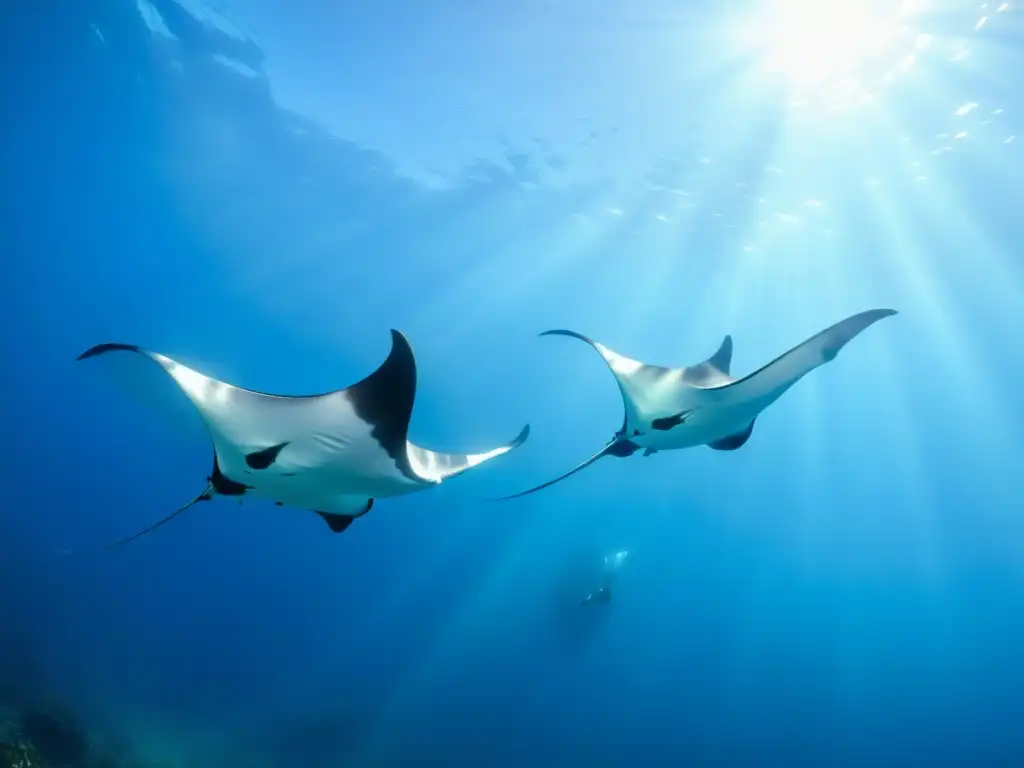 Un grupo de mantarrayas se desliza grácilmente en el océano, iluminadas por el sol filtrado