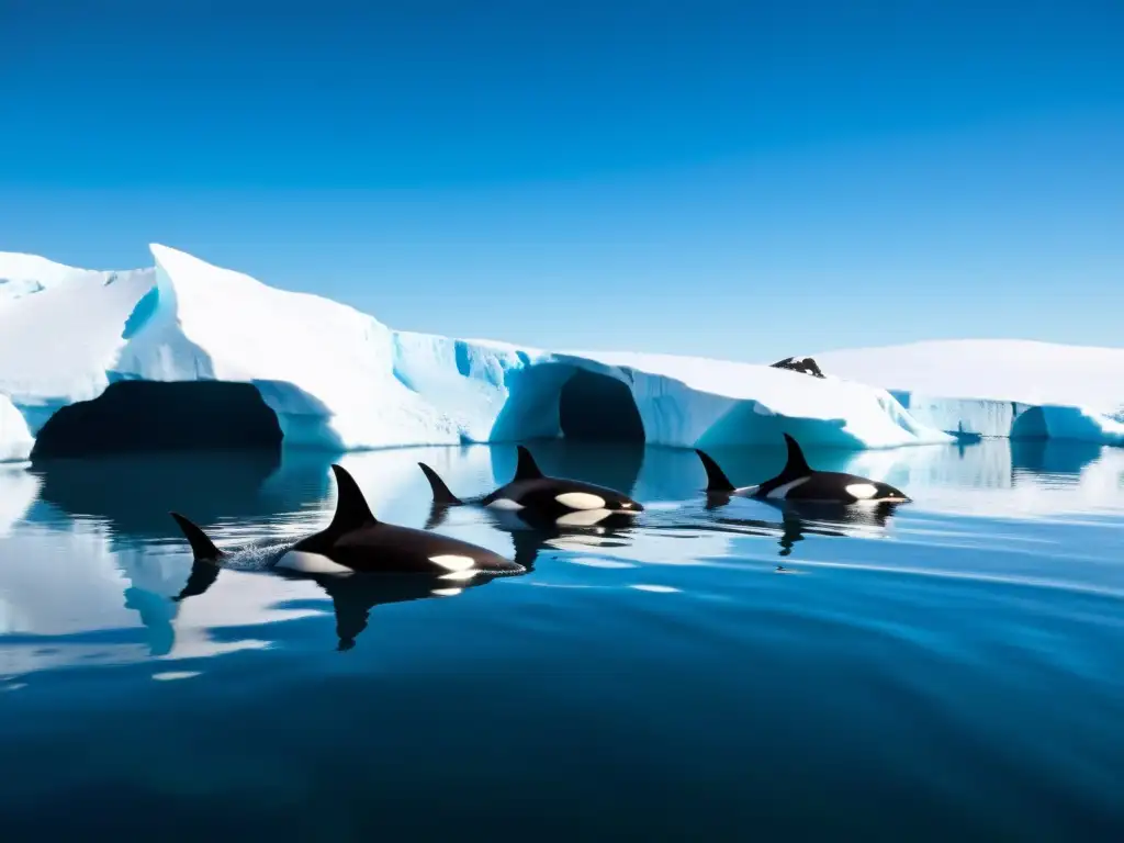 Un grupo de orcas nadando graciosamente entre aguas polares cristalinas, con icebergs azules brillantes de fondo