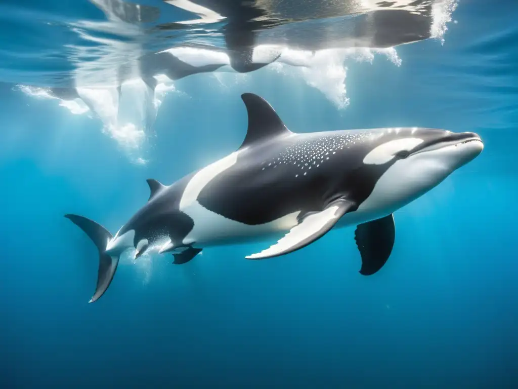 Un grupo de orcas plateadas se desliza elegante en aguas azules, mientras el sol proyecta un brillo dorado sobre ellas