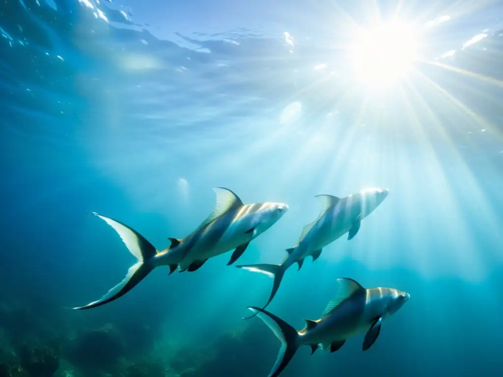 Grupo de pardelas surcando el agua en busca de peces, con un patrón de luz y sombra bajo el mar