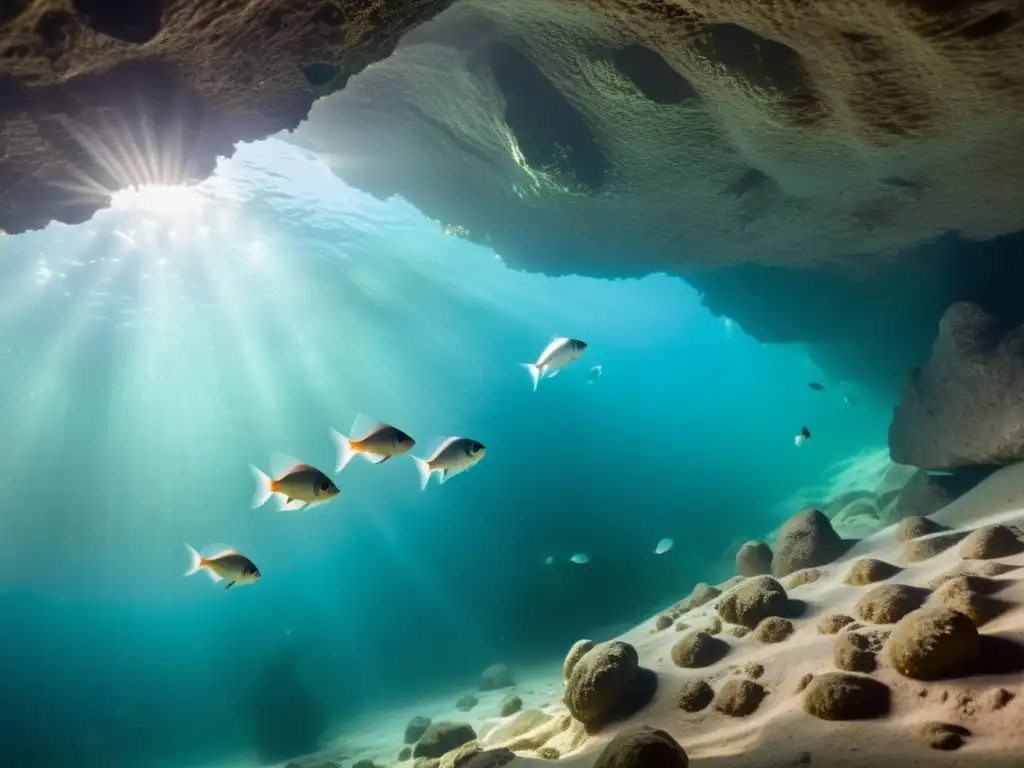 Grupo de peces de cueva ciegos nada en aguas cristalinas, explorando su hábitat subterráneo