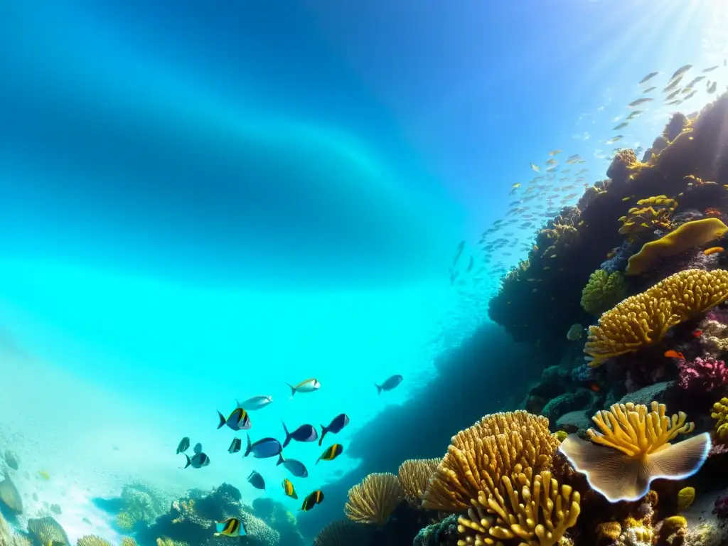 Grupo de peces exóticos nadando en arrecife de coral