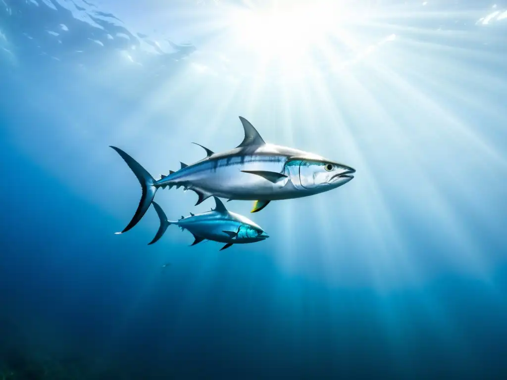 Un grupo de peces pelágicos guía reconocer especies, nadando elegantemente en aguas cristalinas bajo el sol que filtra desde arriba