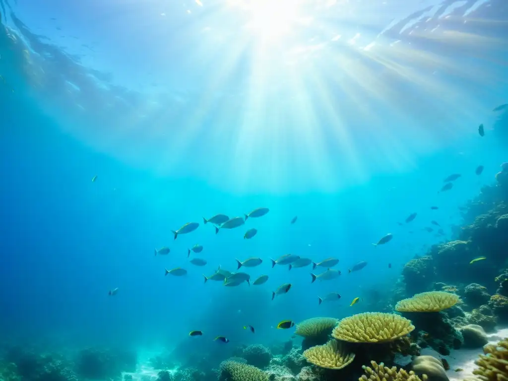 Un grupo de peces iridiscentes nada entre los arrecifes de coral bajo el agua, rodeados de plantas marinas