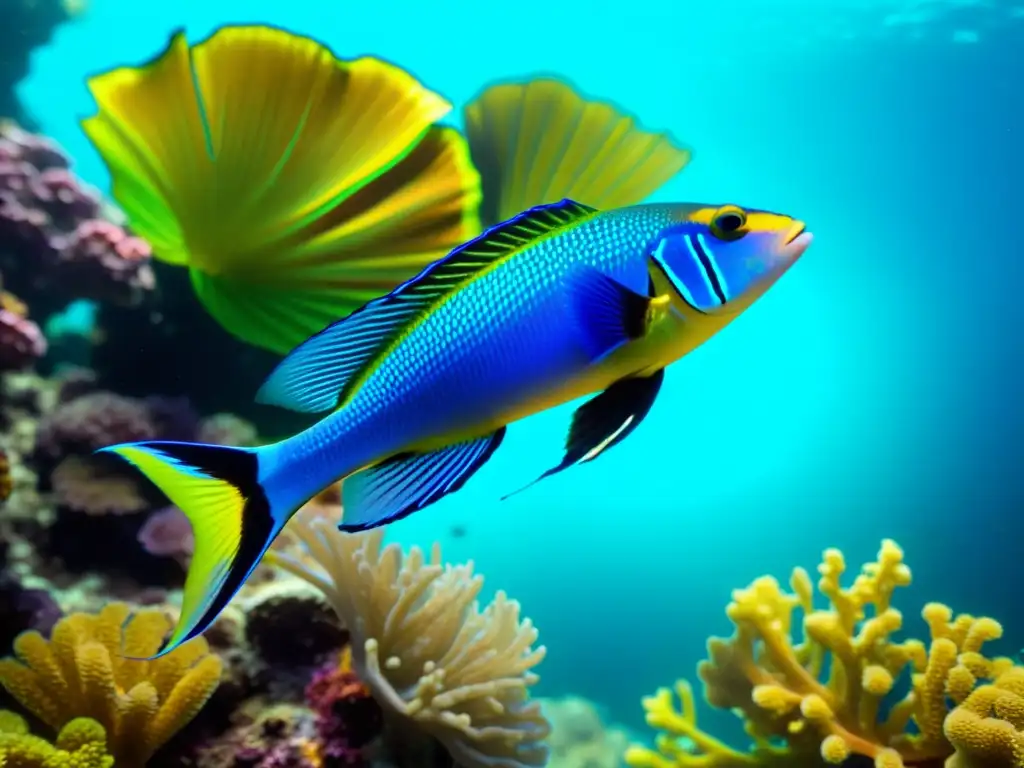 Grupo de peces limpiadores arrecife nadando entre coral vibrante y vida marina colorida