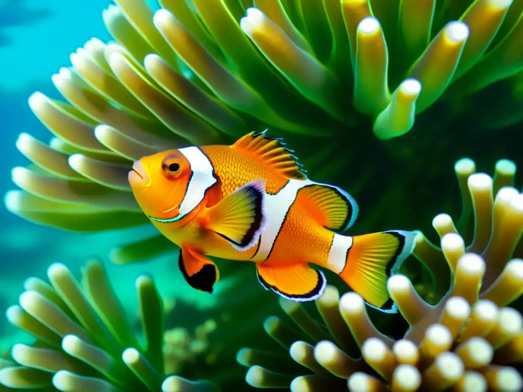 Un grupo de peces payaso naranjas y blancos nada graciosamente en un arrecife de coral, mostrando su instinto migratorio en su hábitat acuático