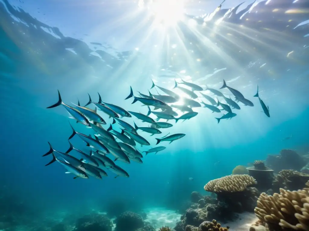 Un grupo de peces voladores oceánicos salta gracilmente sobre el agua, capturando la luz del sol con sus brillantes escamas iridiscentes