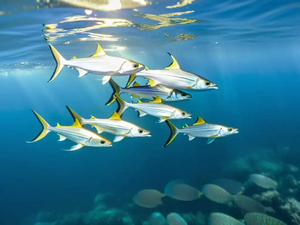 Un grupo de peces voladores oceánicos en un elegante vuelo sincronizado bajo el resplandeciente mar