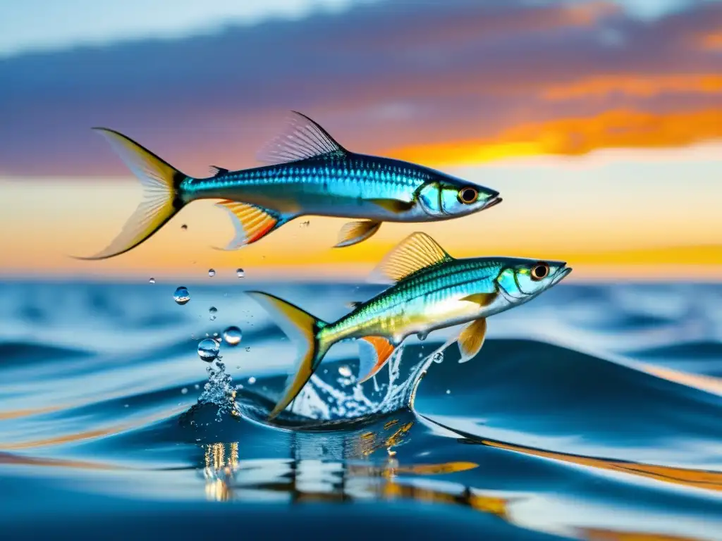 Un grupo de peces voladores rompiendo la superficie del agua al atardecer, adaptaciones peces voladores escape aéreo