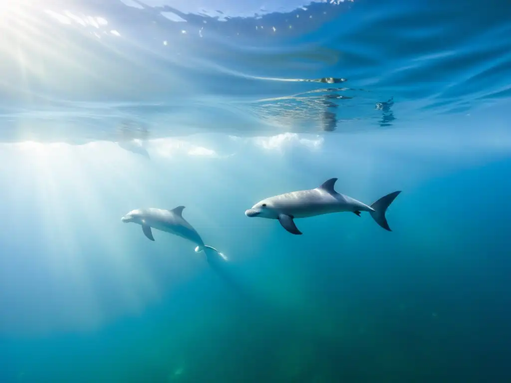 Un grupo de pinnípedos migratorios se desplaza con gracia en aguas cristalinas del océano, mostrando su agilidad