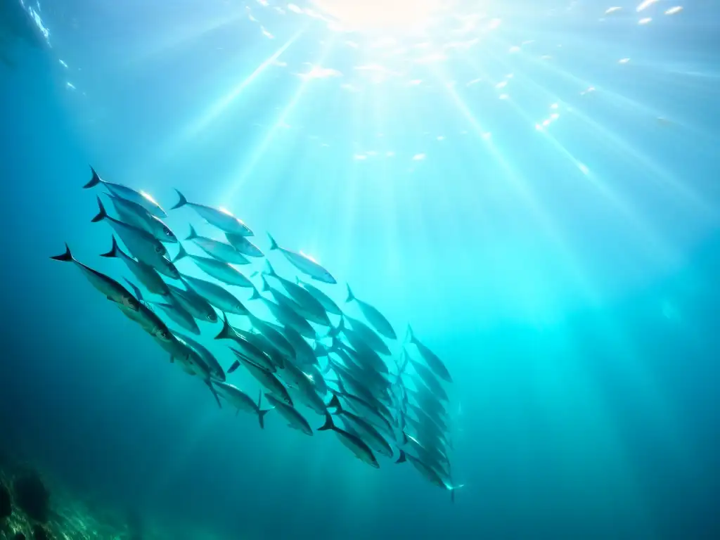 Un grupo de relucientes sardinas nada en armonía bajo el agua cristalina, creando un espectáculo de luz y sombra