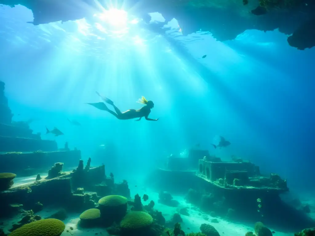 Grupo de sirenas marinas en ruinas de barco, leyendas del mar, atmósfera mágica y misteriosa bajo el agua