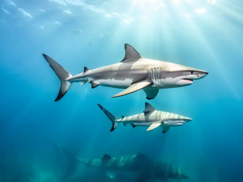 Grupo de tiburones ancianos nada con gracia en aguas cristalinas, reflejando el proceso de envejecimiento en tiburones