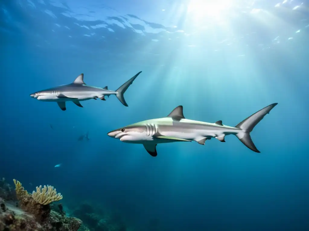 Grupo de tiburones en el fondo marino, moviéndose grácilmente entre la vida marina mientras cazan y se alimentan en la oscuridad