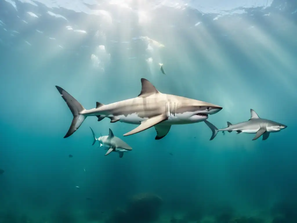 Un grupo de tiburones nada con gracia en aguas contaminadas, mostrando su lucha por la supervivencia en hábitats comprometidos