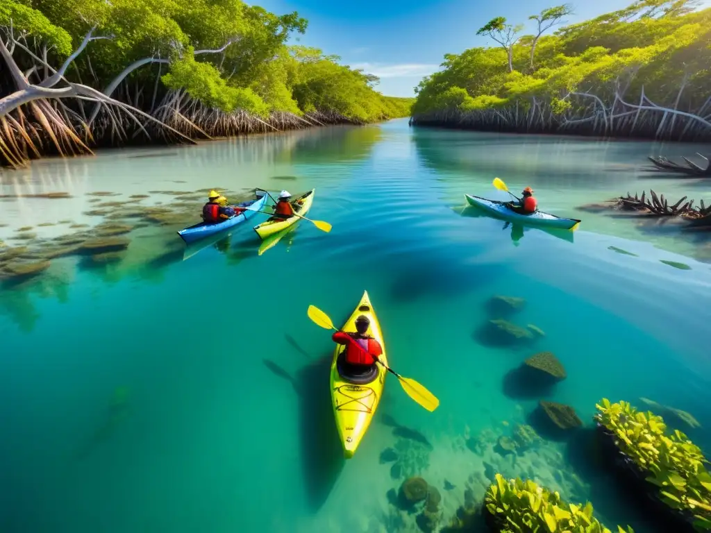 Un grupo de kayaker disfruta de un tranquilo paseo ecológico en manglares, rodeados de un escenario natural vibrante y sereno