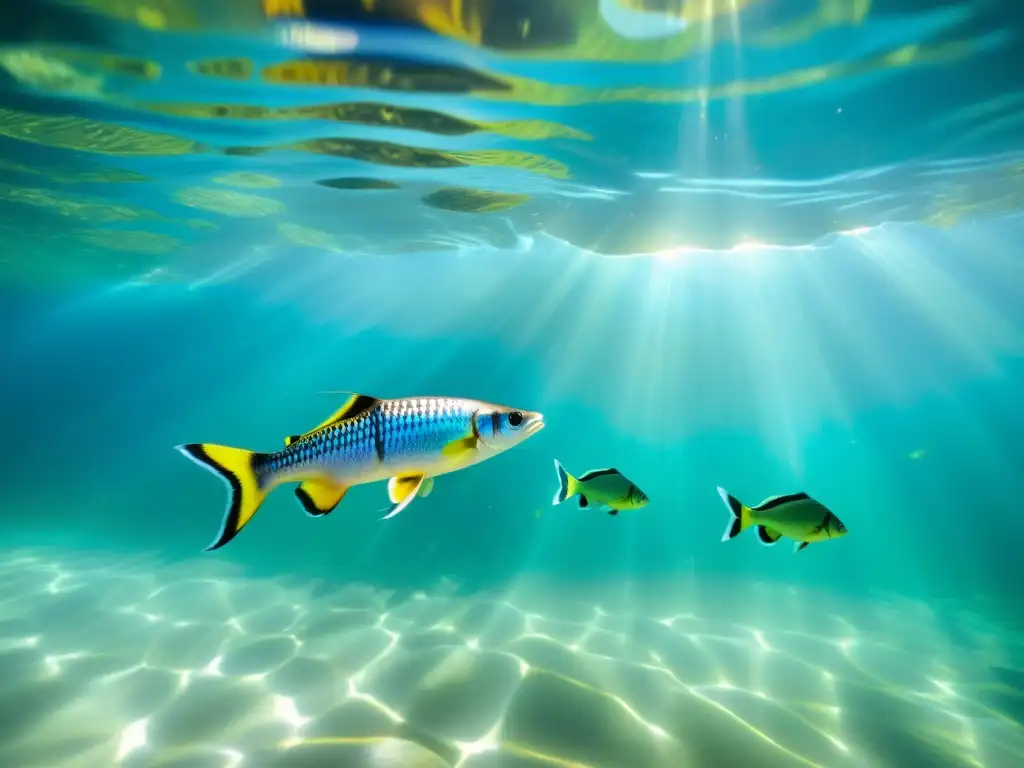 Un grupo vibrante de peces de río nada en armonía bajo el agua, creando una escena inmersiva y cautivadora