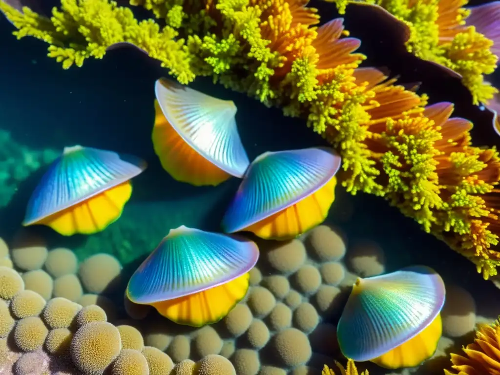 Un grupo de vibrantes almejas reposa entre colorida flora marina, bañado por la luz del sol