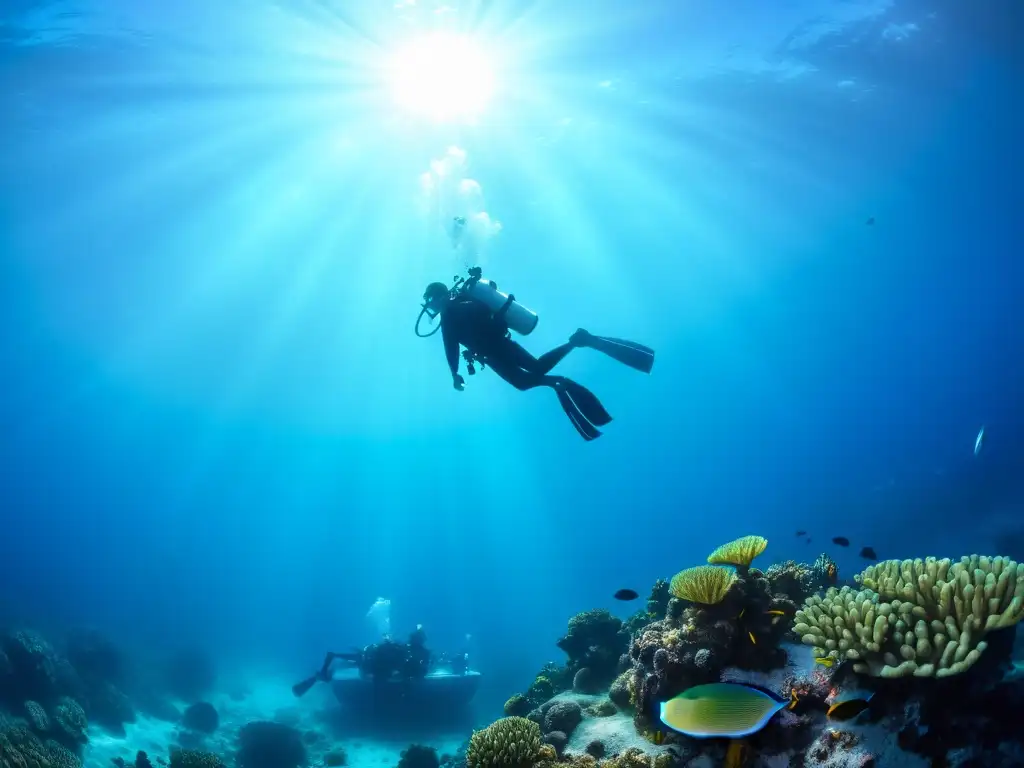 Un grupo de videógrafos submarinos desciende con gracia hacia el océano profundo, rodeados de arrecifes de coral vibrantes y una diversa vida marina