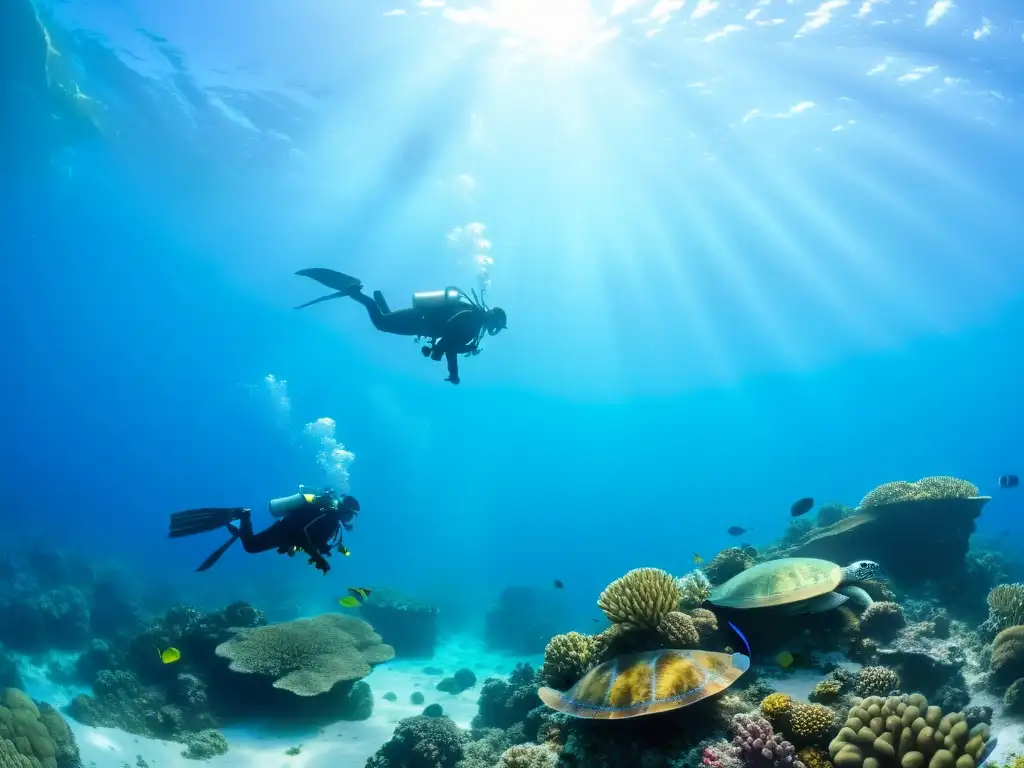 Un grupo de voluntarios protegiendo la vida marina y los océanos, rodeados de coloridos arrecifes de coral, peces y una majestuosa tortuga marina