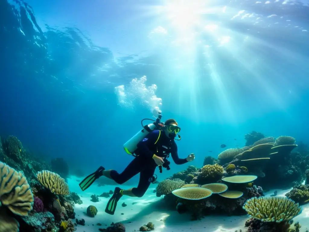 Un hábil videógrafo submarino navega una fuerte corriente rodeado de arrecifes de coral vibrantes y una diversa vida marina