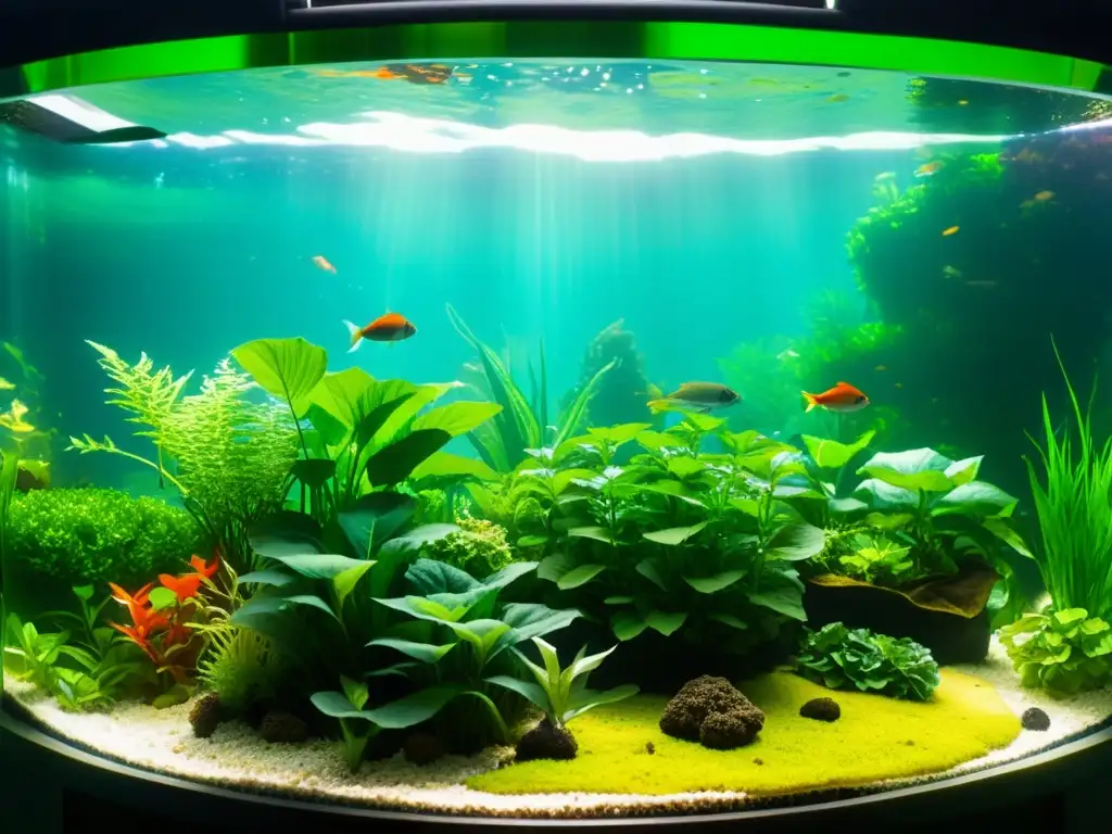 Una hermosa acuaponía como negocio sostenible, con plantas exuberantes sobre el agua y peces saludables debajo