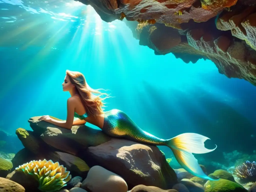 Una hermosa ilustración digital de una sirena descansando en un saliente rocoso, su cola iridiscente se desliza con gracia en el agua cristalina