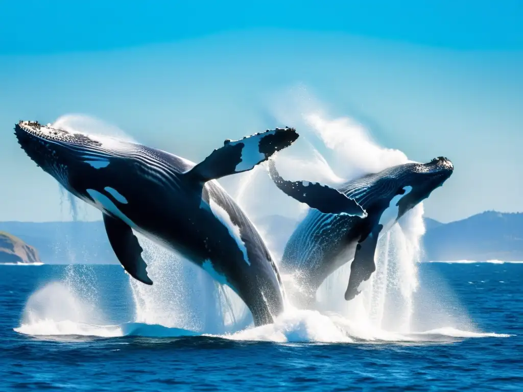 Hermosa escena oceánica con ballenas jorobadas saltando, evocando la necesidad de estrategias protección cetáceos oceánicos