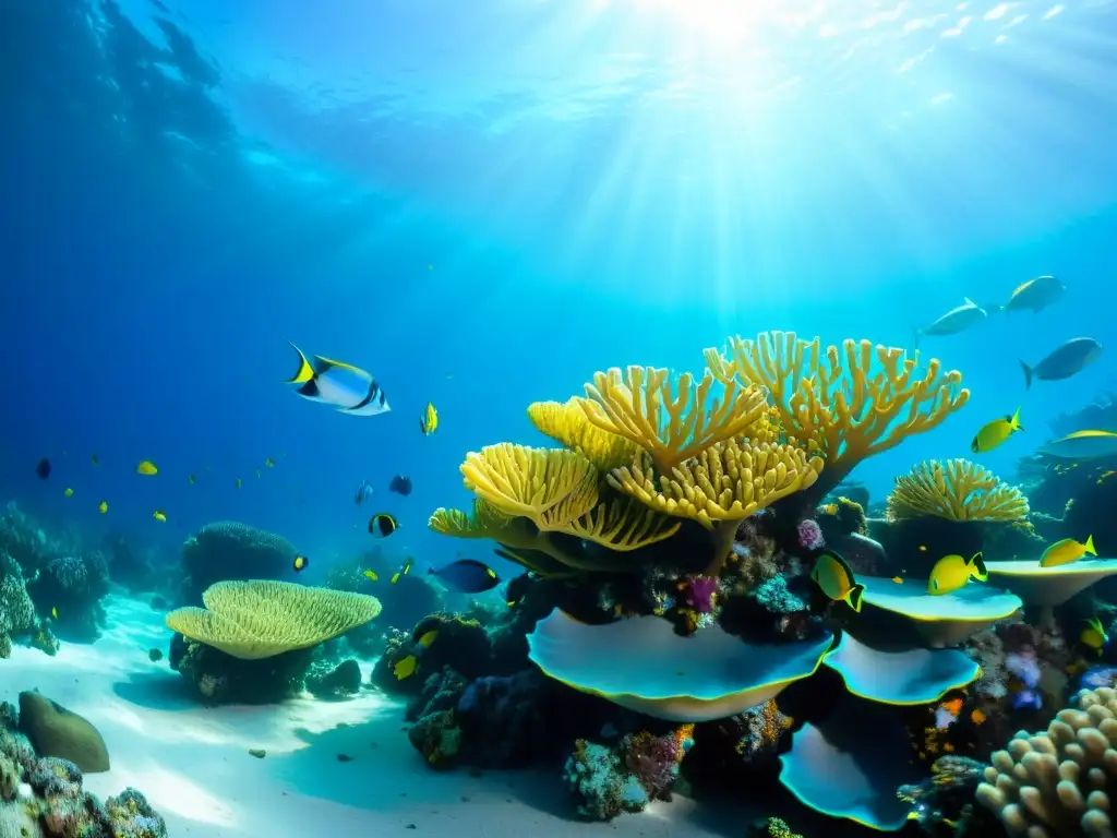 Una hermosa escena submarina de un arrecife de coral vibrante lleno de peces coloridos, iluminado por rayos de luz solar