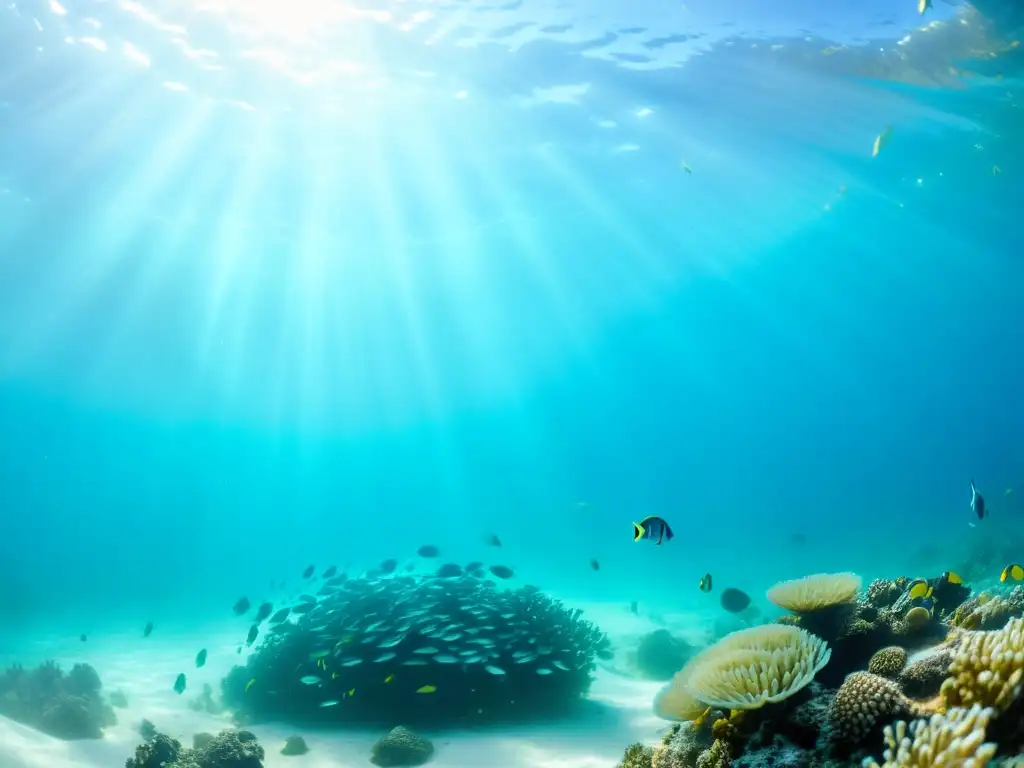 Hermosa escena submarina con cardumen de peces plateados y arrecifes de coral