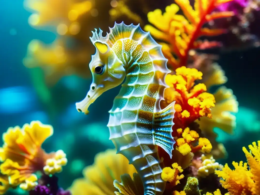 Una hermosa imagen de un caballito de mar nadando entre arrecifes de coral, rodeado de flora y fauna marina colorida