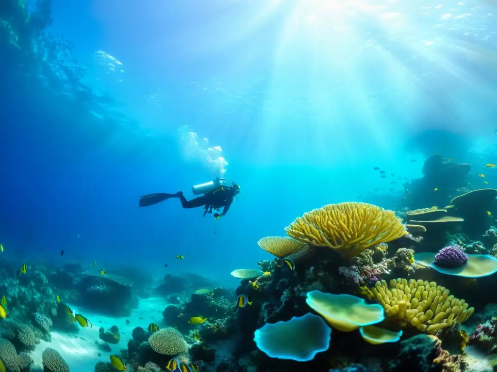 Una hermosa imagen submarina muestra un vibrante arrecife de coral lleno de vida marina, con voluntarios trabajando para proteger el ecosistema marino