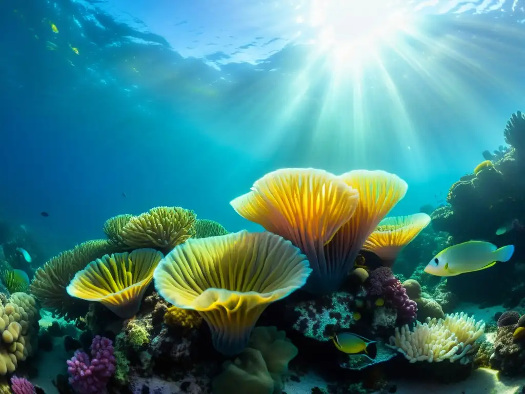 Una hermosa imagen submarina con vida marina vibrante y colorida, incluyendo peces, plantas marinas y anémonas del mar