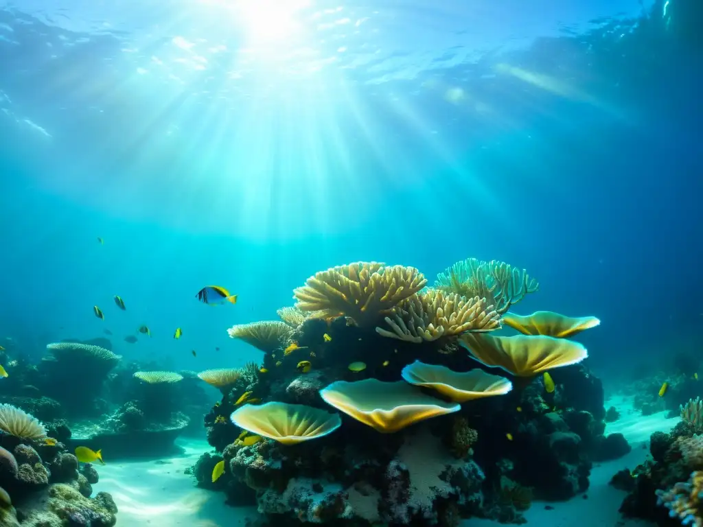 Una hermosa fotografía submarina de un arrecife de coral prístino, mostrando una vibrante variedad de vida marina colorida y detallada