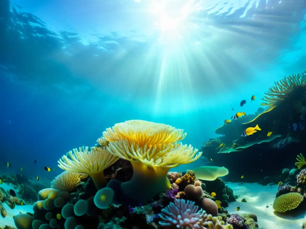 Una hermosa fotografía submarina que captura la diversidad y belleza de un vibrante arrecife de coral, con una paleta de colores sorprendente