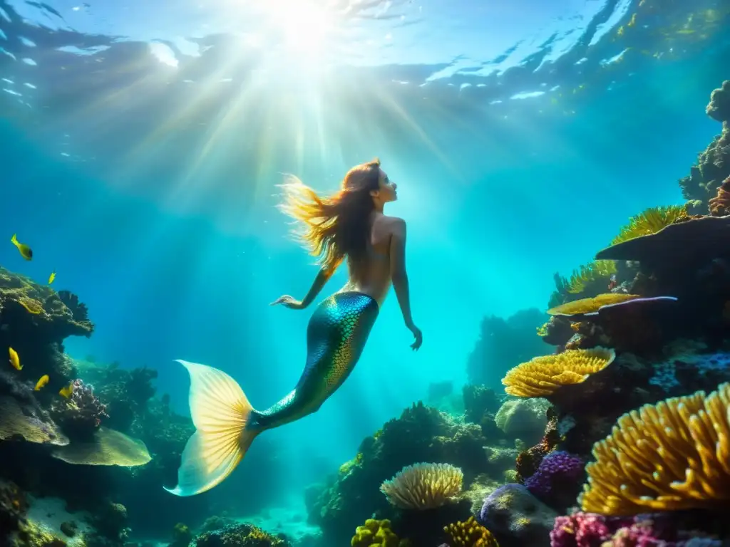 Una hermosa fotografía submarina de retratos y modelos muestra una sirena nadando graciosamente entre arrecifes de coral vibrantes, envuelta en un aura cálida y etérea