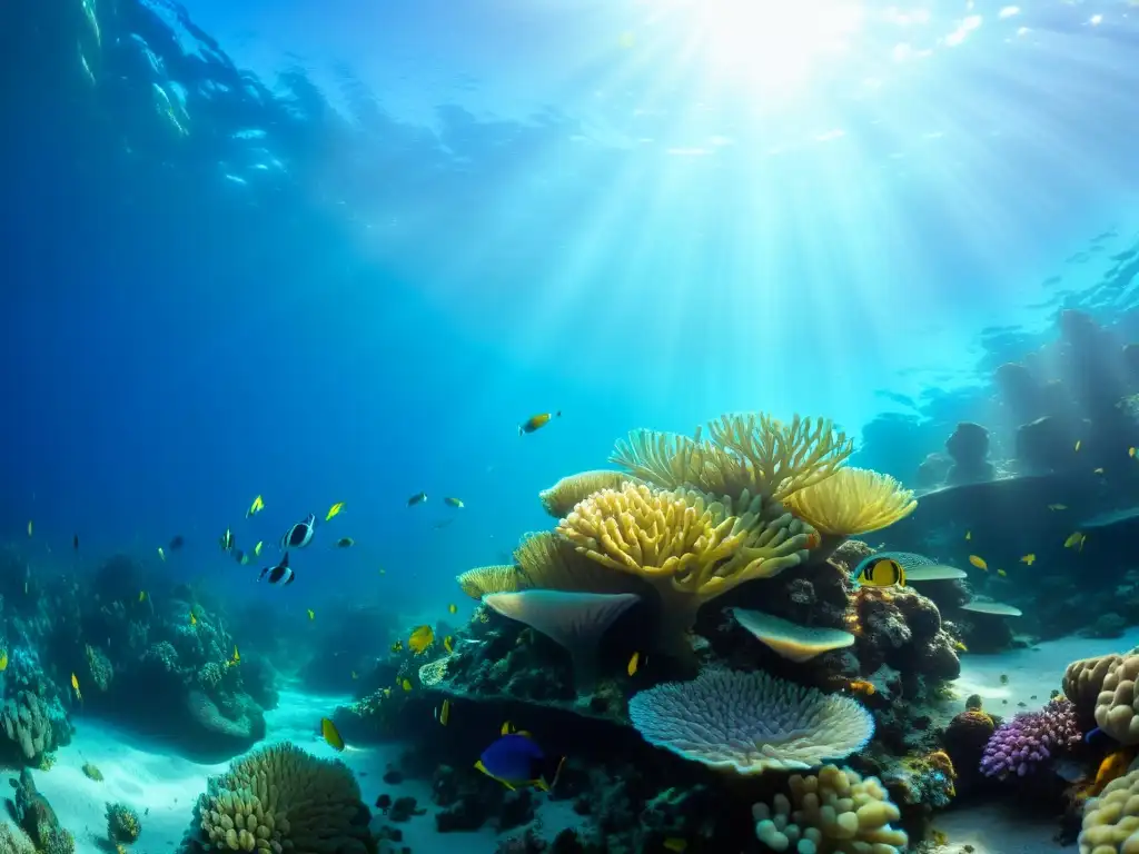 Una hermosa fotografía submarina muestra un vibrante arrecife de coral lleno de vida, resaltando la necesidad de protección de arrecifes de coral