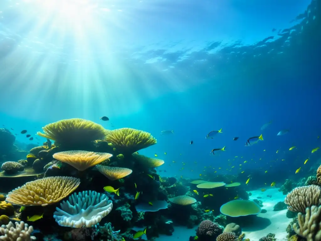 Una hermosa y vibrante fotografía submarina que captura la belleza del mundo marino con peces coloridos, plantas marinas y formaciones de coral