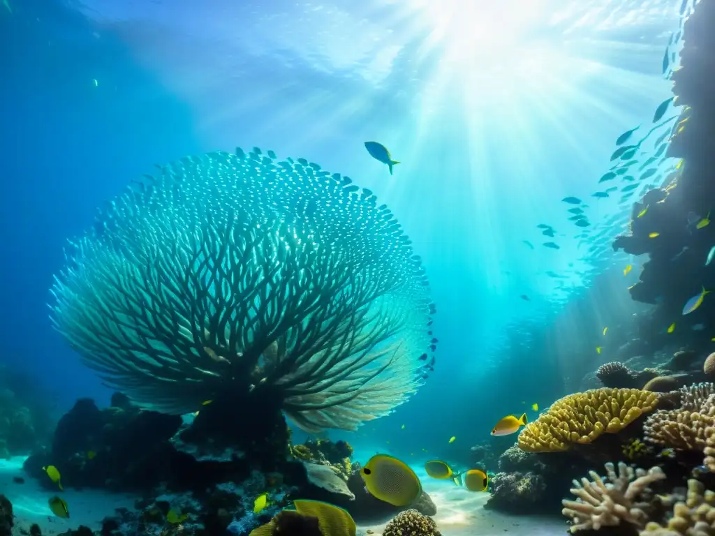 Un hermoso acuario marino rebosante de vida: peces de colores nadando entre corales, bañados por la luz del sol