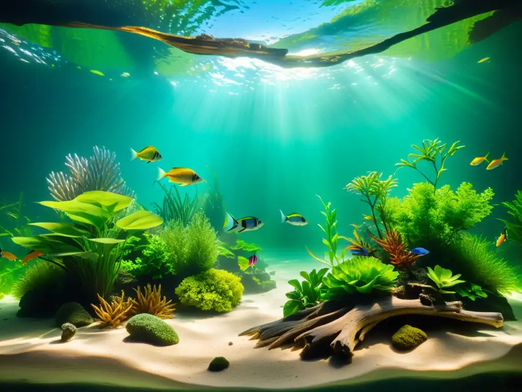 Un hermoso acuario con plantas verdes exuberantes, madera a la deriva y peces coloridos creando zonas de descanso